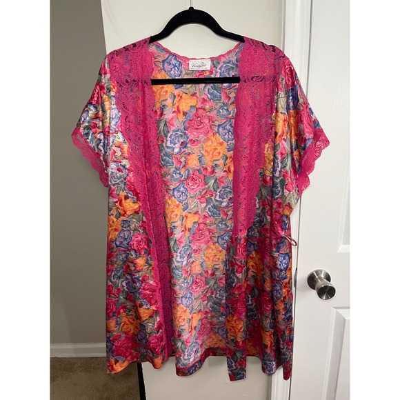 Vanity Fair Other - Vanity Fair Floral Satin Lace Kimono Robe Pink Blue Orange Roses Sleeve L